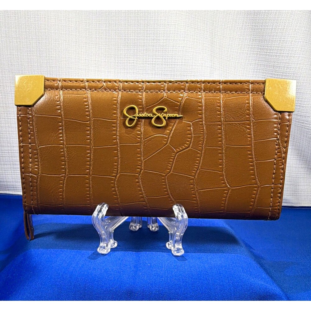 NWOT Jessica Simpson Cognac Brown Faux Croc Continental Wallet Gold Corners 8x4